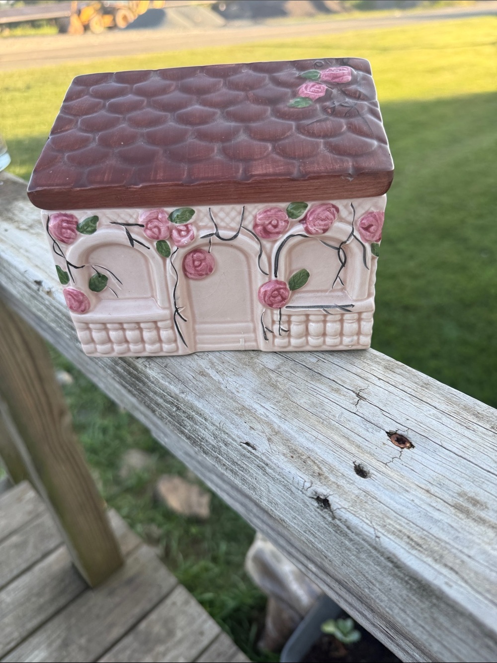 Pink Rose Ceramic Trinket Box with Brown Lid